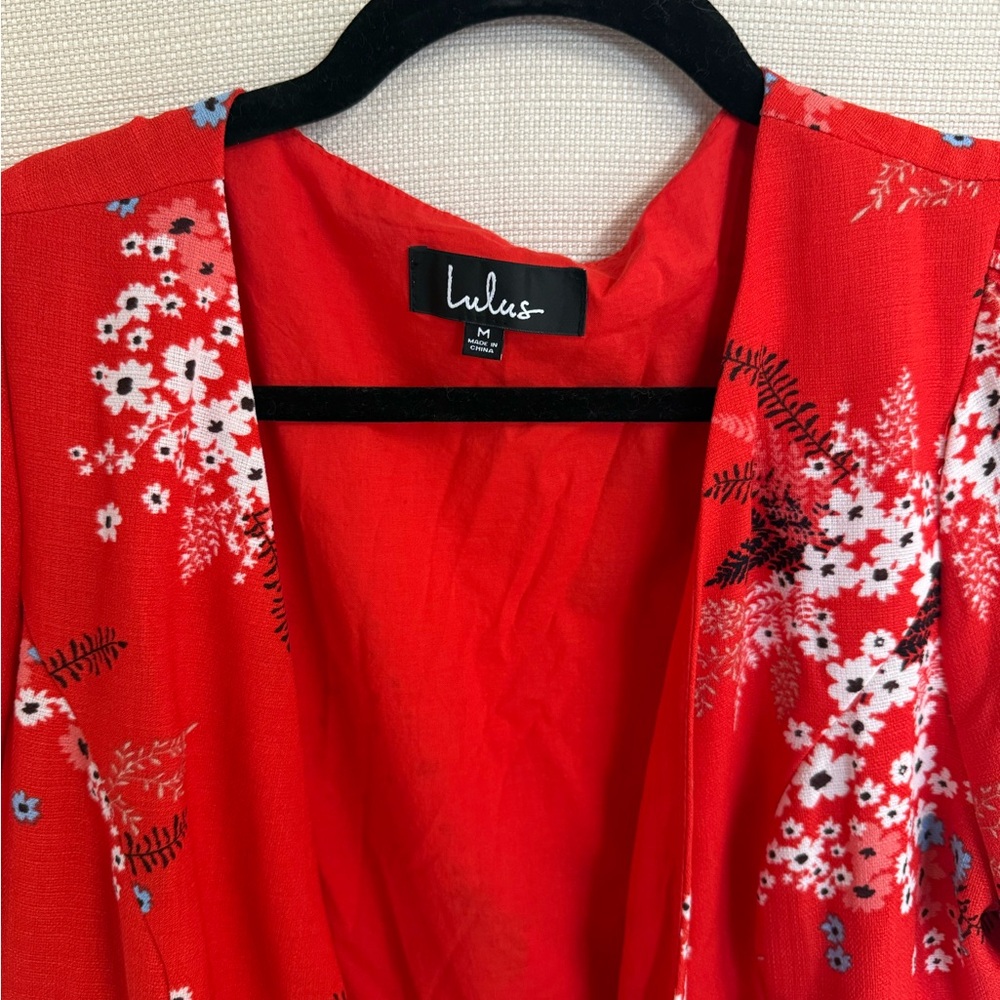 Lulu's Vibrant Red Floral Wrap Dress - Picture 2 of 3